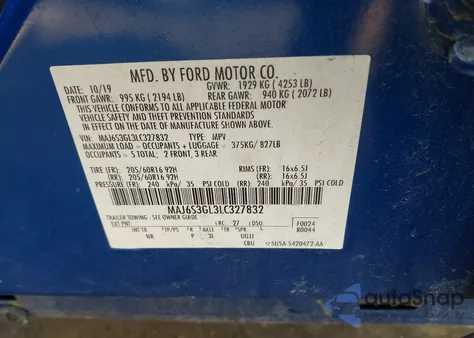 2020 Ford Ecosport Se z USA, uszkodzony, nr VIN MAJ6S3GL3LC327832